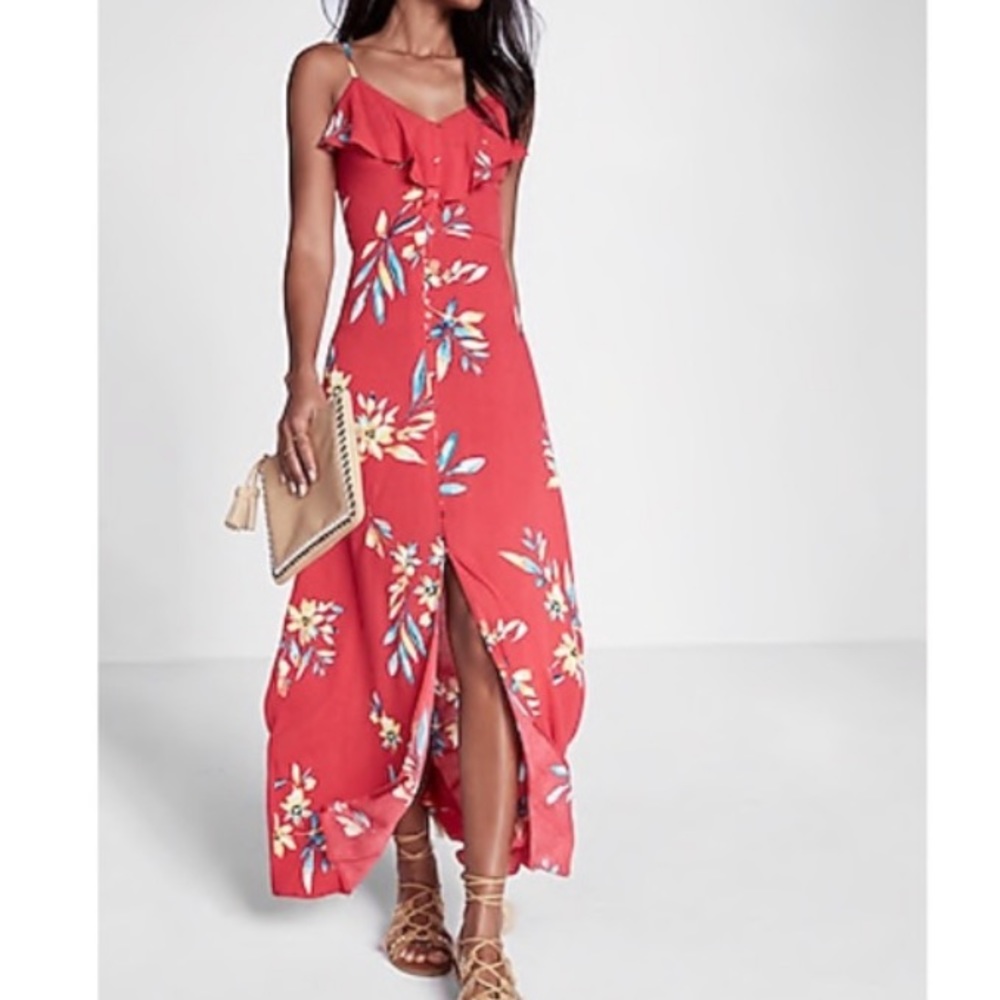 Floral Print Ruffle Button Front Maxi Dress